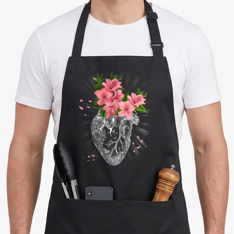Cardiologist goth apron - White line-art human heart with pink flowers, green leaves, scattered petals, and white light — shown on a black cotton canvas apron against a white background