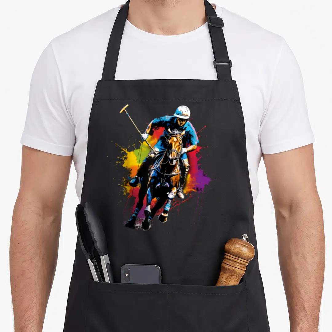 Polo colorful aprons - Watercolor polo player on horse with blue red yellow purple splashes — shown on a black cotton canvas apron against a white background