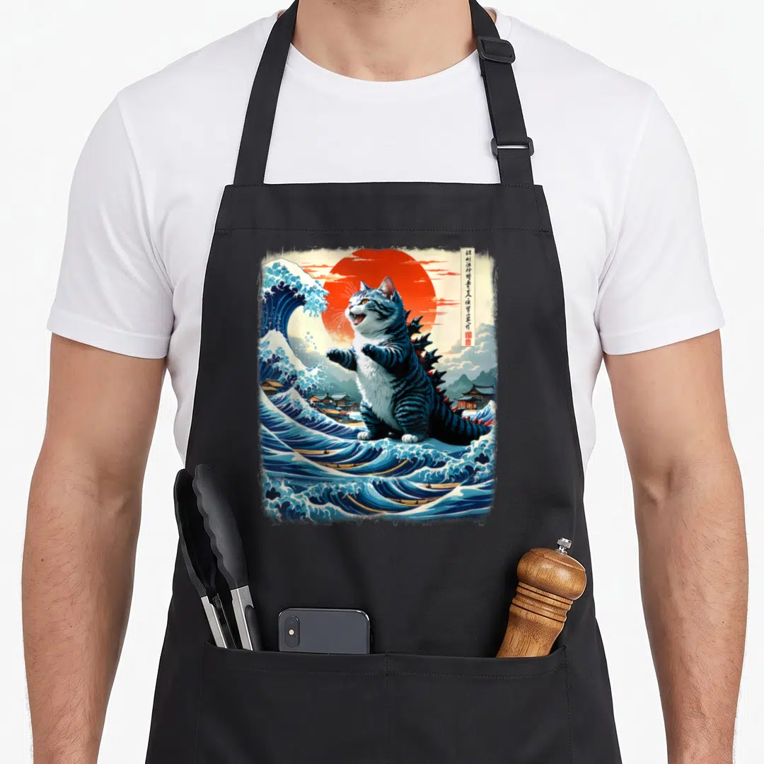 Adventure cat apron - Giant striped cat standing in blue waves under red sun with vertical text — shown on a black cotton canvas apron against a white background