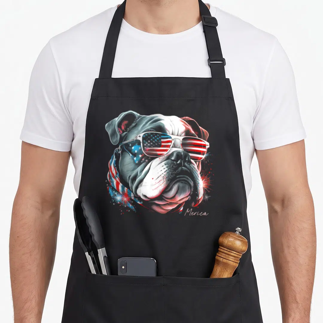English 4th of july apron - Realistic bulldog head in USA flag sunglasses and scarf with Merica text and fireworks — shown on a black cotton canvas apron against a white background