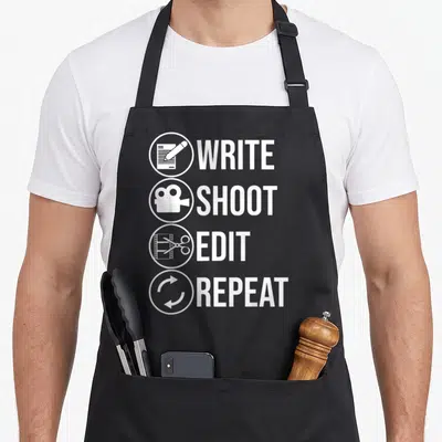 Filmmaker edit apron - Four white rows with icons for script, camera, scissors, and loop next to text — shown on a black cotton canvas apron against a white background