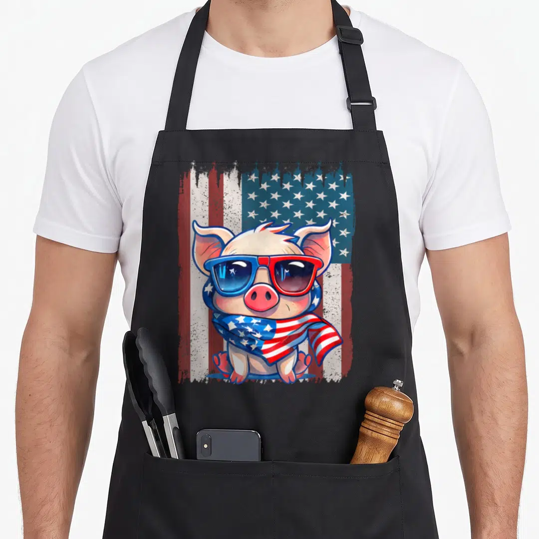Flag pig 4th of july apron - Cartoon pig with red blue sunglasses and star-spangled scarf in front of distressed — shown on a black cotton canvas apron against a white background