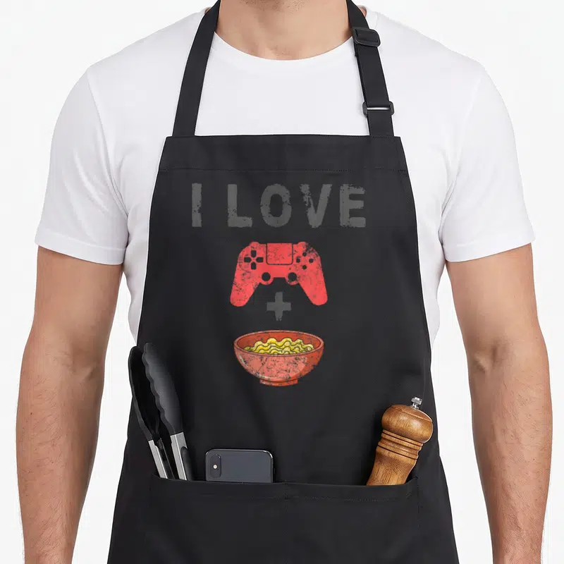 Ramen gaming apron - I LOVE text above red controller plus yellow noodles in bowl — shown on a black cotton canvas apron against a white background