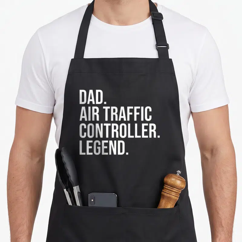 Traffic aviation apron - White stacked text reading DAD AIR TRAFFIC CONTROLLER LEGEND — shown on a black cotton canvas apron against a white background
