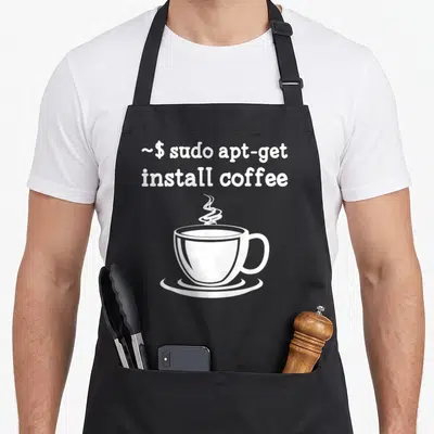 Linux coffee apron - White terminal command text and steaming coffee cup on black background — shown on a black cotton canvas apron against a white background