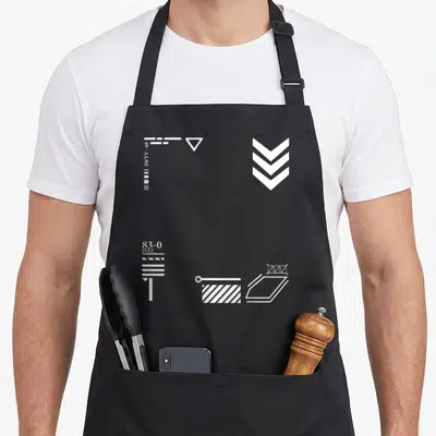 Techwear goth apron - Abstract white geometric shapes and codes IWTV 68 83-0 IVLT scattered on dark background — shown on a black cotton canvas apron against a white background