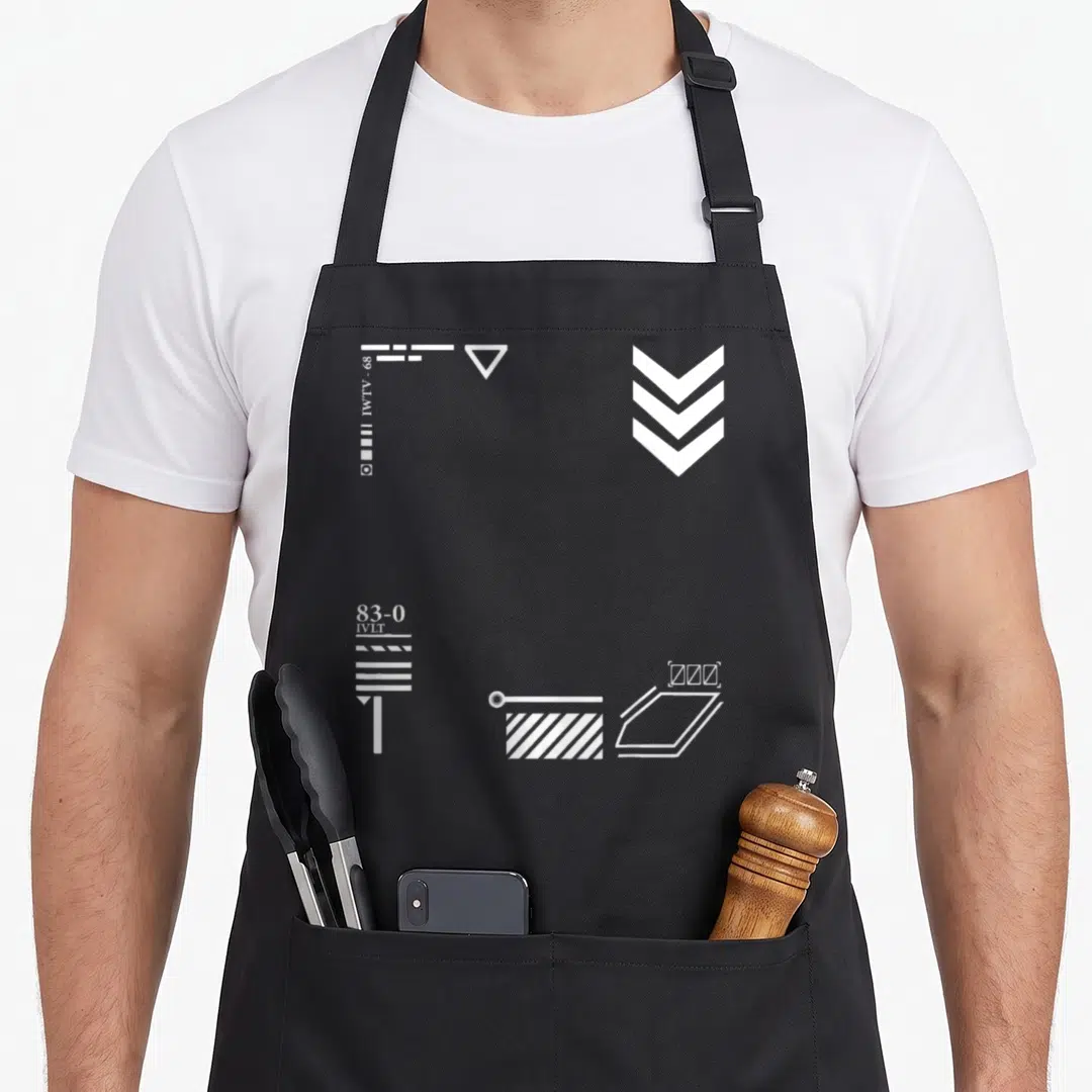 Techwear goth apron - Abstract white geometric shapes and codes IWTV 68 83-0 IVLT scattered on dark background — shown on a black cotton canvas apron against a white background