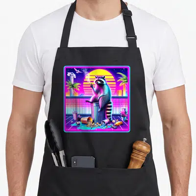 Vaporwave meme apron - Neon raccoon on trash can before striped sun with palm trees and scattered cups in pink purple — shown on a black cotton canvas apron against a white background