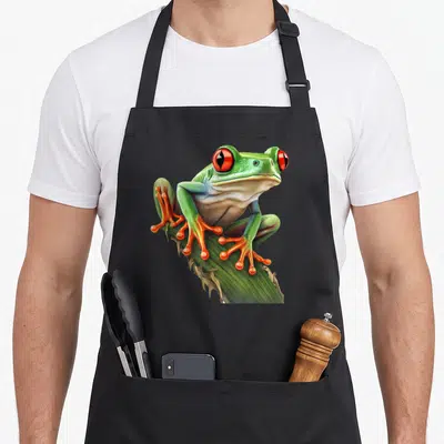 Rainforest tree apron - Realistic green frog with red eyes and orange feet perched on a diagonal leaf — shown on a black cotton canvas apron against a white background