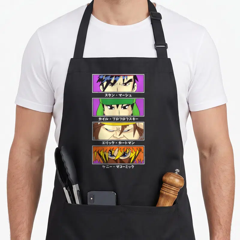 Four anime character apron - Four stacked cartoon eye panels with Japanese text in purple green orange brown — shown on a black cotton canvas apron against a white background