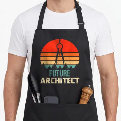 Compass student aprons - Retro striped sun with black compass and FUTURE ARCHITECT text in teal and beige — shown on a black cotton canvas apron against a white background