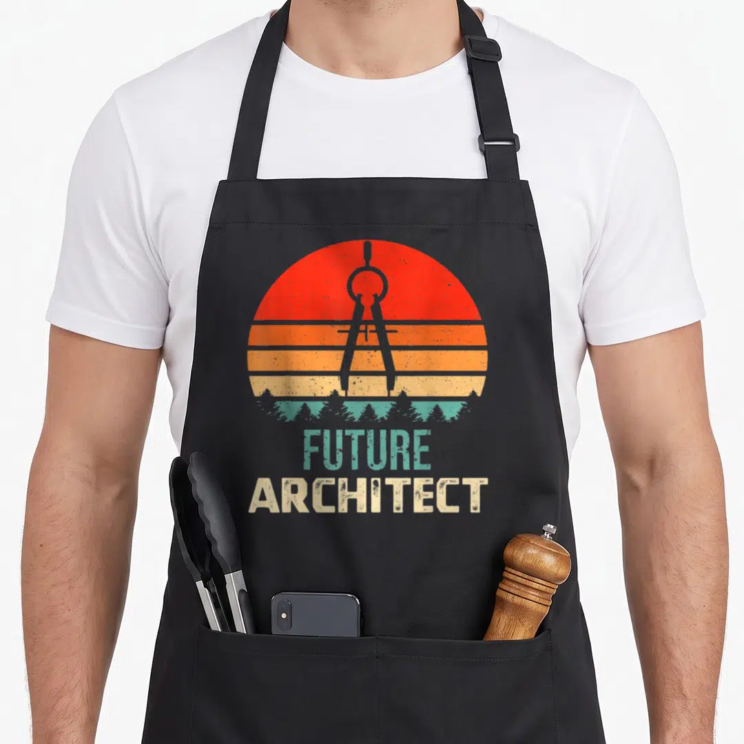 Compass student aprons - Retro striped sun with black compass and FUTURE ARCHITECT text in teal and beige — shown on a black cotton canvas apron against a white background