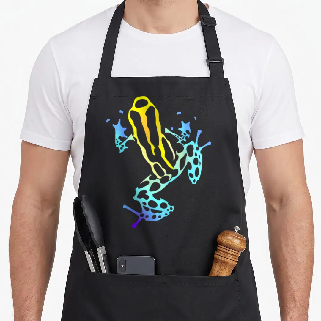 Kristen quick apron - Stylized frog silhouette in yellow blue and purple gradient on black fabric — shown on a black cotton canvas apron against a white background