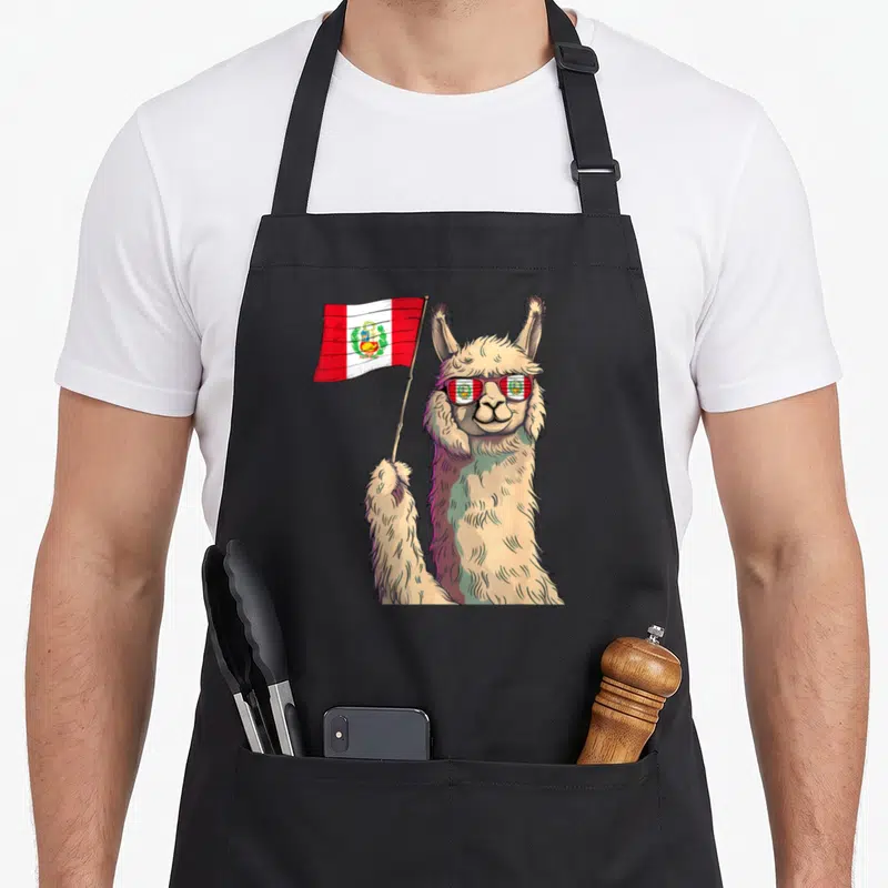 Alpaca pride apron - Cartoon beige llama holding red white Peruvian flag wearing matching sunglasses — shown on a black cotton canvas apron against a white background