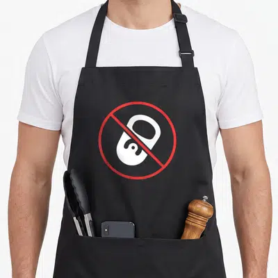 Pull detecting apron - White can tab inside red prohibition circle with diagonal slash — shown on a black cotton canvas apron against a white background