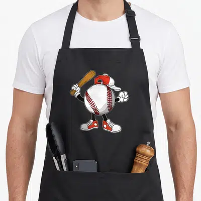 Cool baseball apron - Cartoon baseball character with arms legs cap and bat in white red brown — shown on a black cotton canvas apron against a white background