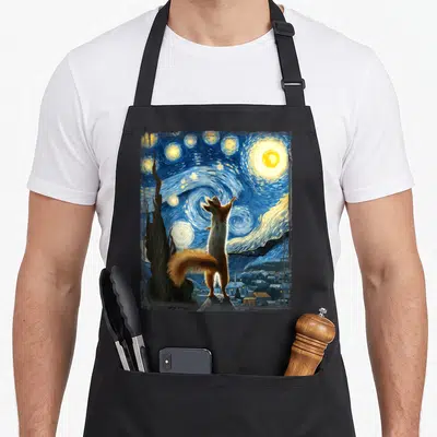 Squirrel van gogh apron - Realistic squirrel standing on rock under swirling blue starry night with yellow stars — shown on a black cotton canvas apron against a white background