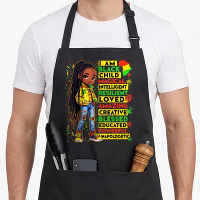History month african american aprons - Cartoon girl with long dreadlocks standing next to stacked words like magical — shown on a black cotton canvas apron against a white background
