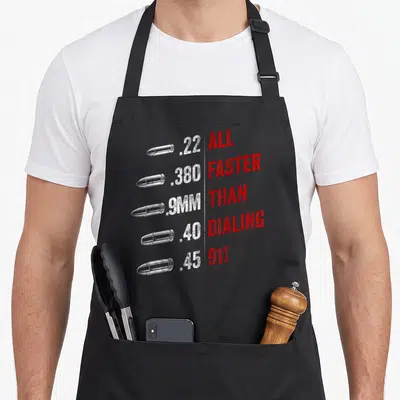 Faster american flag apron - Five white bullets next to red text reading ALL FASTER THAN DIALING 911 — shown on a black cotton canvas apron against a white background