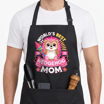 Hedgie hedgehog mom apron - Cartoon hedgehog holding paintbrush with WORLD'S BEST HEDGEHOG MOM text and 2025 date boxes — shown on a black cotton canvas apron against a white background