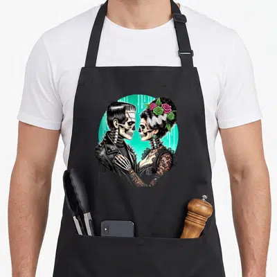 Frankenstein skeleton halloween apron - Skeleton couple in profile, studded jacket, lace dress, roses, turquoise circle — shown on a black cotton canvas apron against a white background