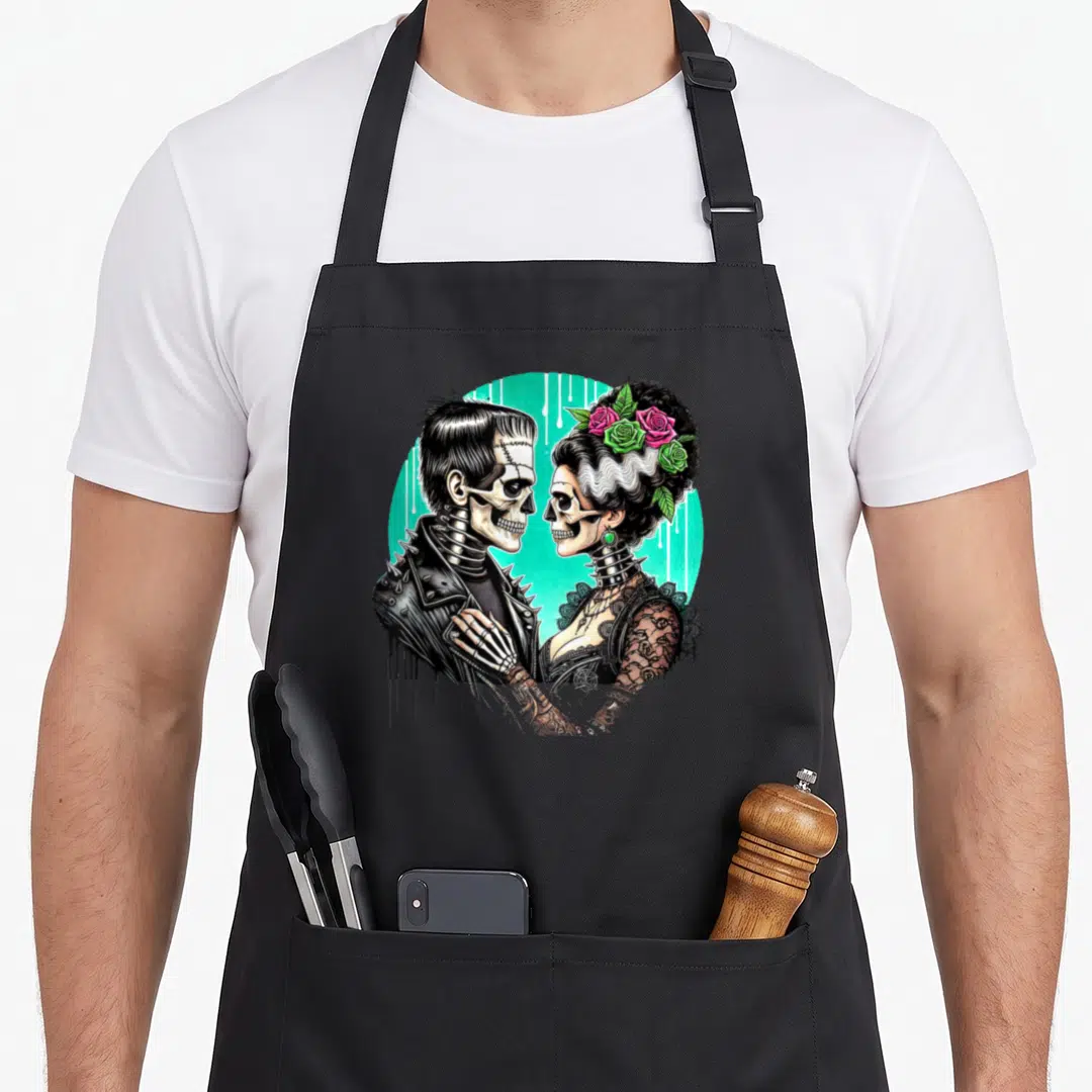 Frankenstein skeleton halloween apron - Skeleton couple in profile, studded jacket, lace dress, roses, turquoise circle — shown on a black cotton canvas apron against a white background