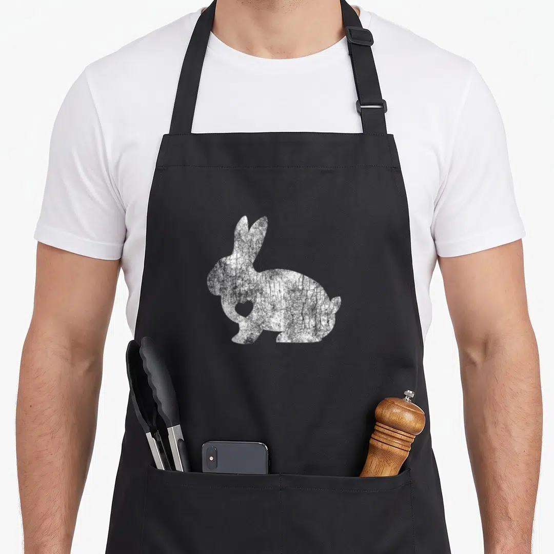 Animal easter bunny aprons - White distressed rabbit silhouette with heart cutout in chest — shown on a black cotton canvas apron against a white background