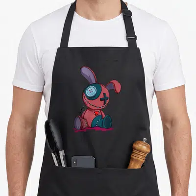 Pastel halloween witch apron - Stitched red bunny with button eye, cross stitch, and heart on chest in cartoon style — shown on a black cotton canvas apron against a white background