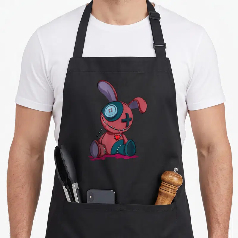 Pastel halloween witch apron - Stitched red bunny with button eye, cross stitch, and heart on chest in cartoon style — shown on a black cotton canvas apron against a white background