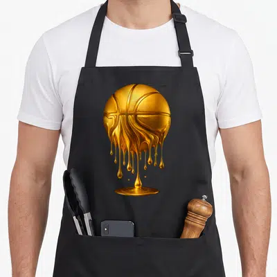Hoop drip apron - Realistic gold basketball melting into dripping liquid gold pool — shown on a black cotton canvas apron against a white background