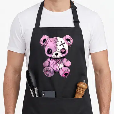 Goth kawaii anime cooking apron - Stitched pink teddy bear with black buttons and dripping paint effects in a cartoon — shown on a black cotton canvas apron against a white background