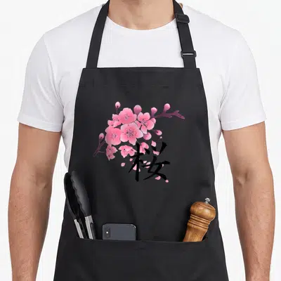 Sakura cherry print apron - Pink cherry blossom branch overlapping a large black Japanese kanji character on a grey — shown on a black cotton canvas apron against a white background