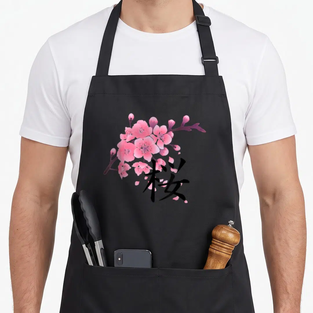 Sakura cherry print apron - Pink cherry blossom branch overlapping a large black Japanese kanji character on a grey — shown on a black cotton canvas apron against a white background