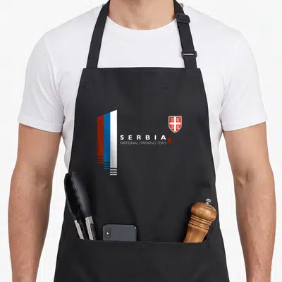 Serbia pride apron - Red blue white flag and Serbia National Drinking Team text with mug icon — shown on a black cotton canvas apron against a white background