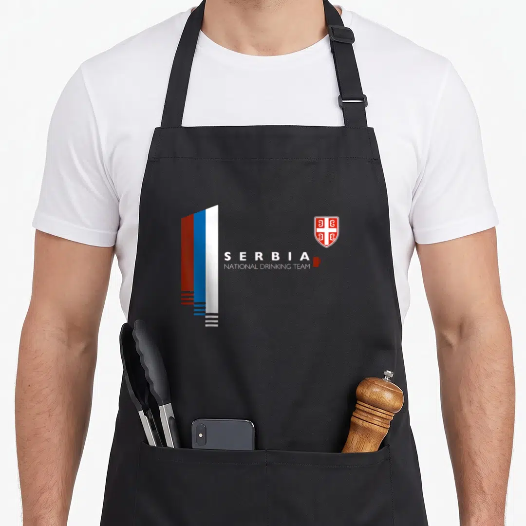 Serbia pride apron - Red blue white flag and Serbia National Drinking Team text with mug icon — shown on a black cotton canvas apron against a white background
