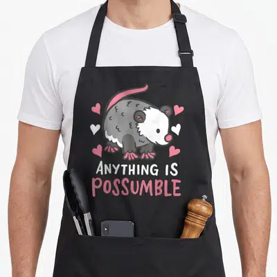 Possum mom rat apron - Cartoon grey opossum with pink tail and feet surrounded by hearts above stacked text Anything Is — shown on a black cotton canvas apron against a white background