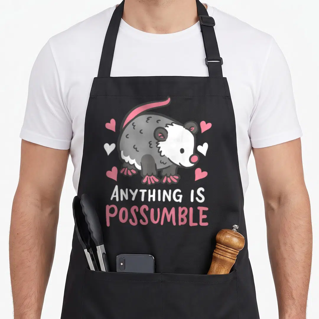 Possum mom rat apron - Cartoon grey opossum with pink tail and feet surrounded by hearts above stacked text Anything Is — shown on a black cotton canvas apron against a white background