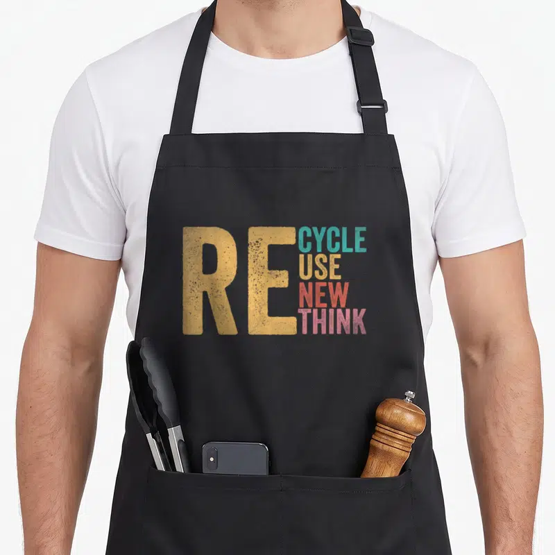Reuse recycling awareness apron - Stacked RECYCLE REUSE RENEW RETHINK text with large yellow RE prefix in teal red — shown on a black cotton canvas apron against a white background