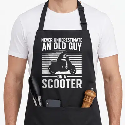 Grandpa scooter apron - White distressed text Never Underestimate An Old Guy On A Scooter over scooter silhouette — shown on a black cotton canvas apron against a white background