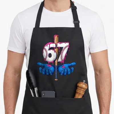 Baseball meme apron - Number 67 with pink drip, bat, and two blue gloves in cartoon style — shown on a black cotton canvas apron against a white background