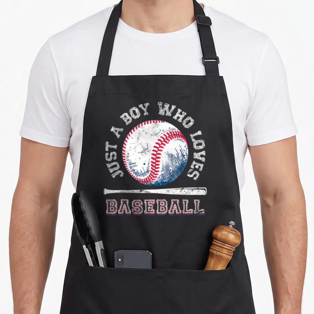 Sport baseball apron - Distressed baseball graphic with arched text and horizontal bat in white red blue — shown on a black cotton canvas apron against a white background