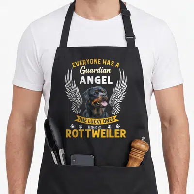 Rottweiler angels and aprons - Rottweiler head with white wings and yellow ribbon text reading Everyone Has A Guardian — shown on a black cotton canvas apron against a white background