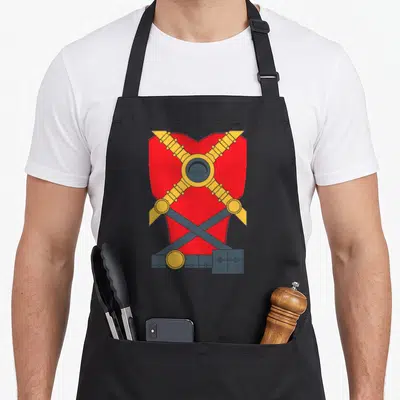 Longsleeve uniform apron - Red chest armor graphic with two crossed yellow bars and grey belt on grey background — shown on a black cotton canvas apron against a white background