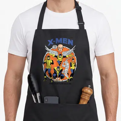 Original hobby apron - X-Men comic art with orange circle and Fight My X-Men quote — shown on a black cotton canvas apron against a white background