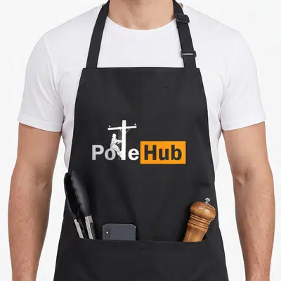 Pole utility apron - White lineman climbing utility pole forming letter l in Pole Hub text next to orange rectangle — shown on a black cotton canvas apron against a white background