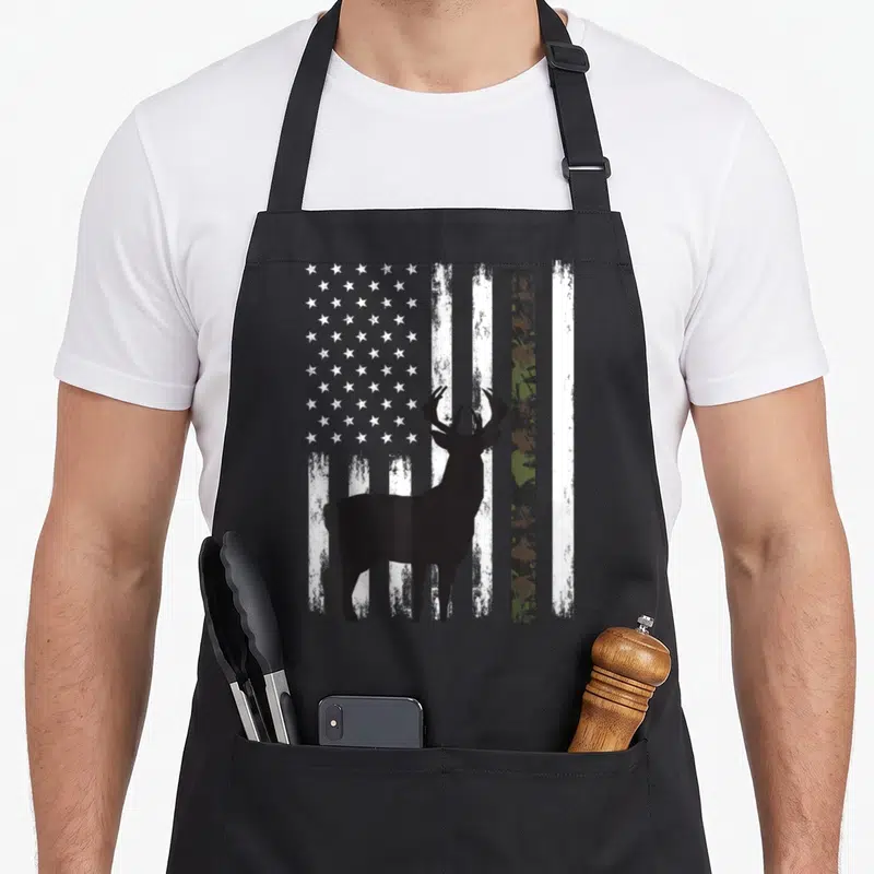 Whitetail camo aprons - Black deer silhouette in front of distressed American flag with one green camouflage vertical — shown on a black cotton canvas apron against a white background