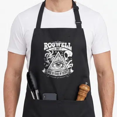 Theory conspiracy apron - White line art of Roswell 1947 Eye of Providence alien head and UFOs on black background — shown on a black cotton canvas apron against a white background
