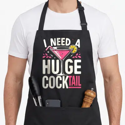 Huge cocktail apron - Retro pink martini glass overlapping white text reading I NEED A HUGE COCKTAIL — shown on a black cotton canvas apron against a white background