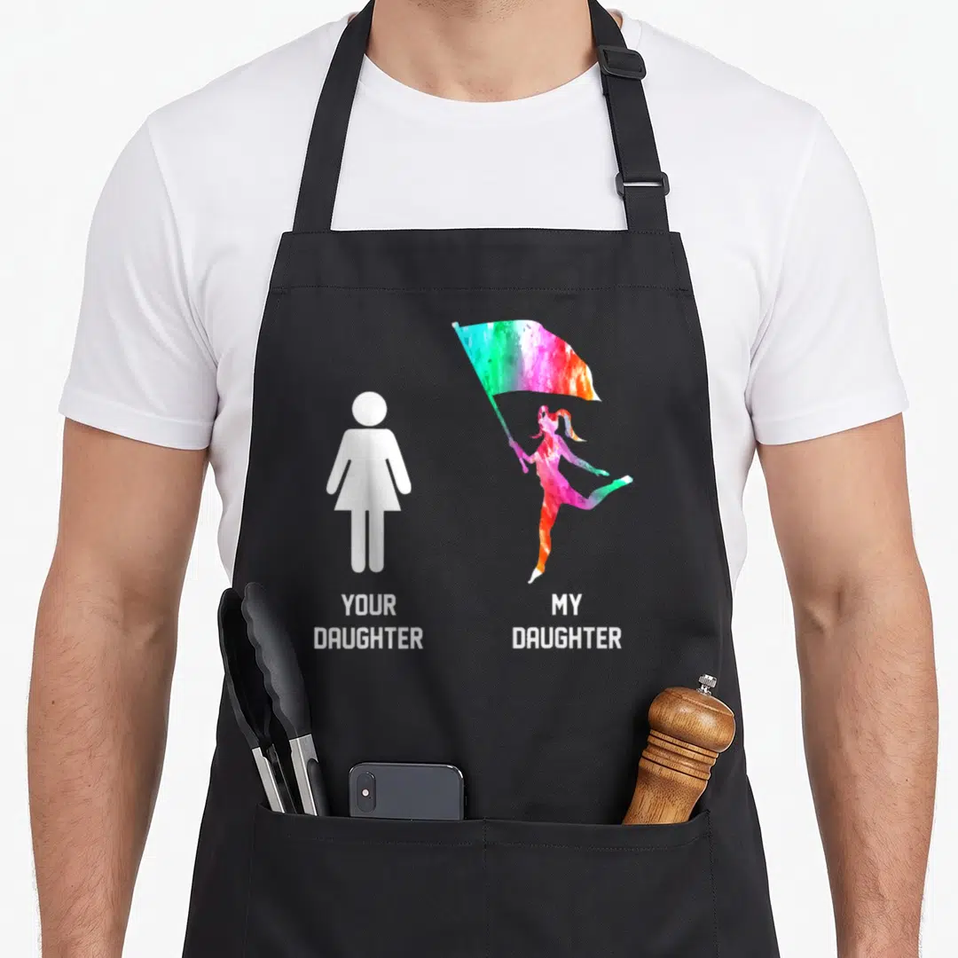 Funny guard mom daughter apron - YOUR DAUGHTER and MY DAUGHTER text below white female symbol and watercolor flag holder — shown on a black cotton canvas apron against a white background