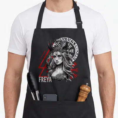 Viking scandinavian aprons - Realistic woman with horned helmet, white runic circle, red strokes, and FREYA text — shown on a black cotton canvas apron against a white background